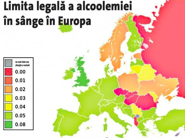 Harta cu valorile alcoolemiei in Europa